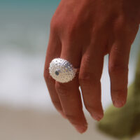 Large sea urchin ring in silver with a Blue Topas