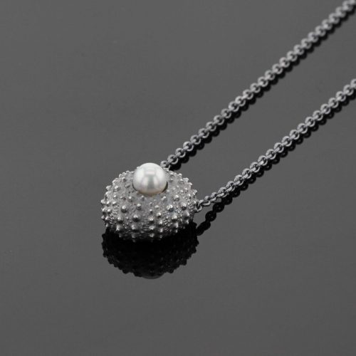 sea urchin pendant on silver chain with white pearl,Mauritius