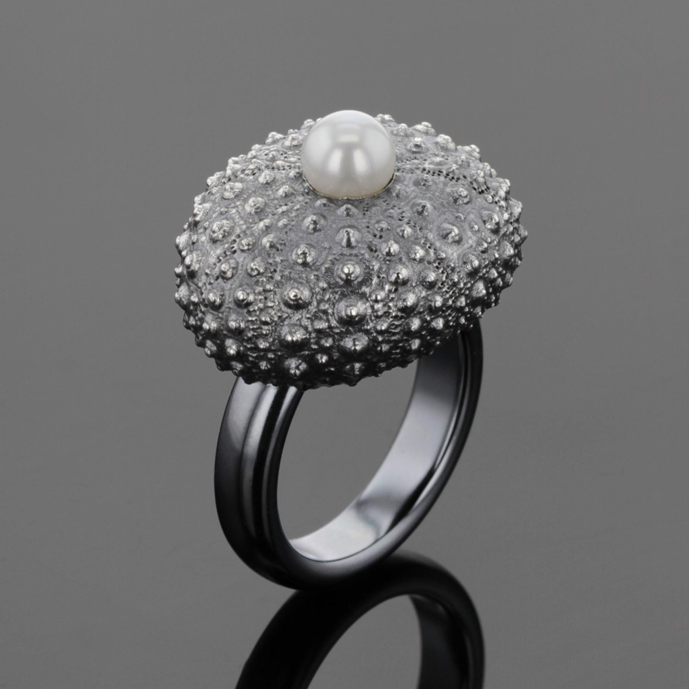 oxidized silver ring sea urchin with white pearl made in Mauritius