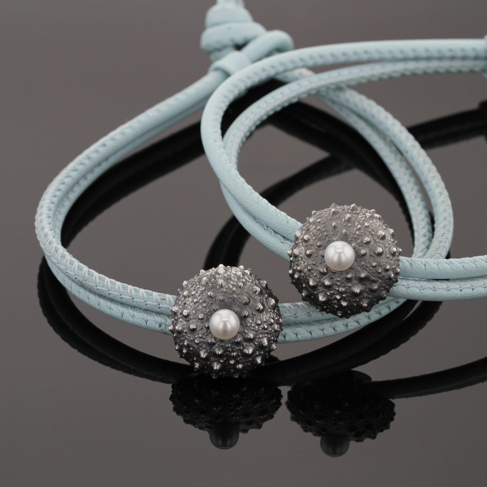 leather bracelet with black silver sea urchin charm, Mauritius
