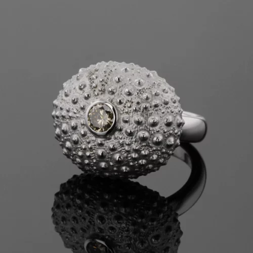 Large sea urchin ring in white gold with a half carat diamond