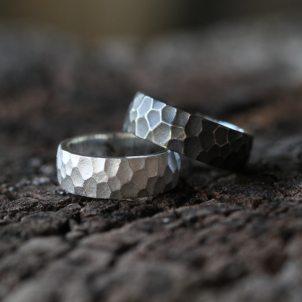 Textured rings in natural and oxidised silver