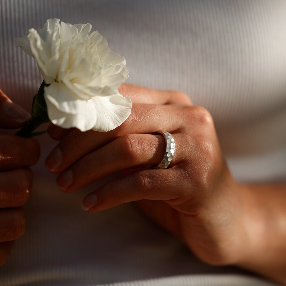 White gold wedding rings with rock texture