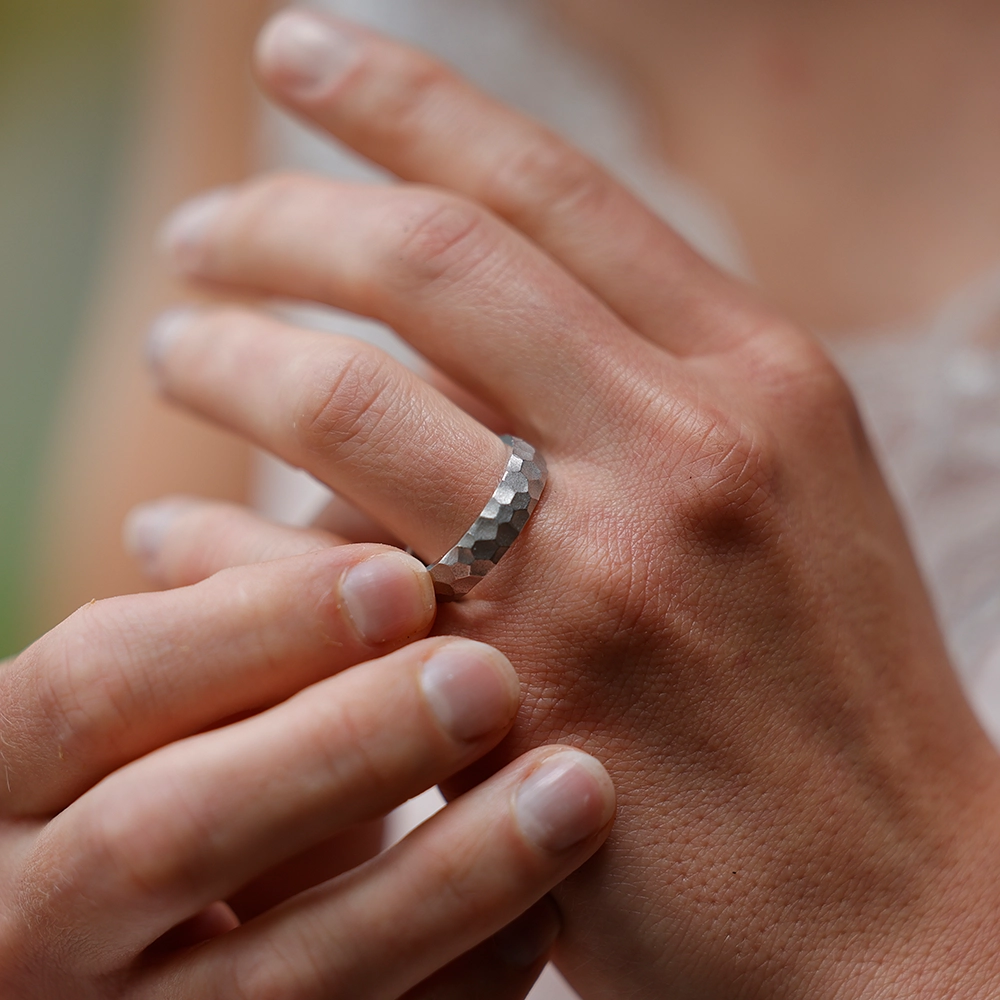 White gold wedding rings with rock texture