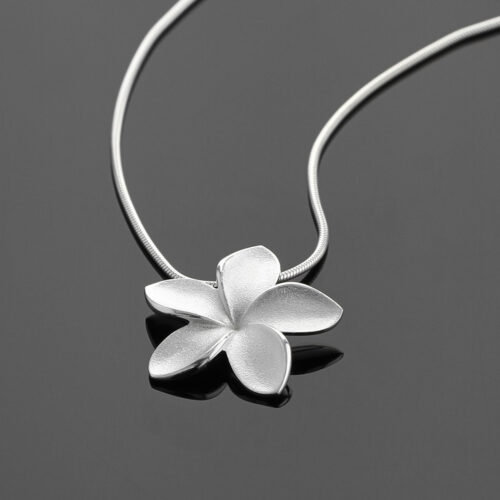 Frangipani flower pendant in a brushed sterling silver