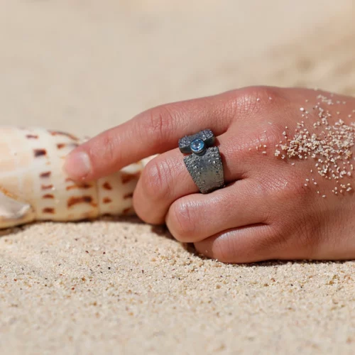 Sea urchin ring in oxidised silver with a Blue Topas