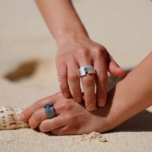Sea urchin rings in oxidised and natural silver with a Blue Topas