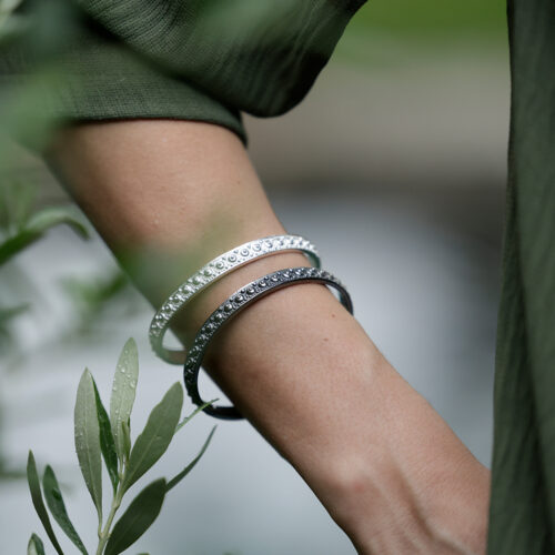 Bangles in oxidised and natural silver with a sea urchin texture