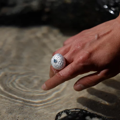 Silver sea urchin ring with a Blue Topas